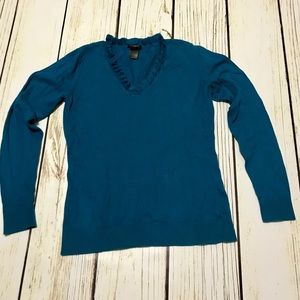 Ann Taylor Blue Sweater with Ruffle V-Neck